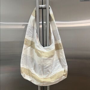 Eileen Fisher White and Gold Striped Canvas Hobo Italian fabric